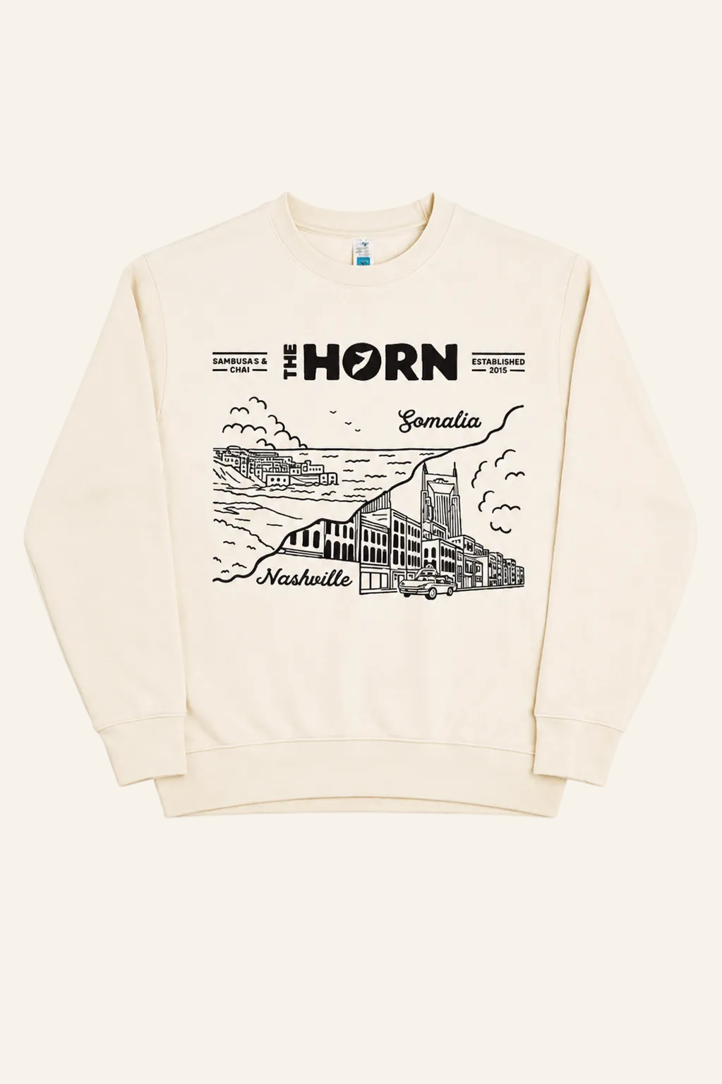 Beige sweatshirt with black graphic design on a white background