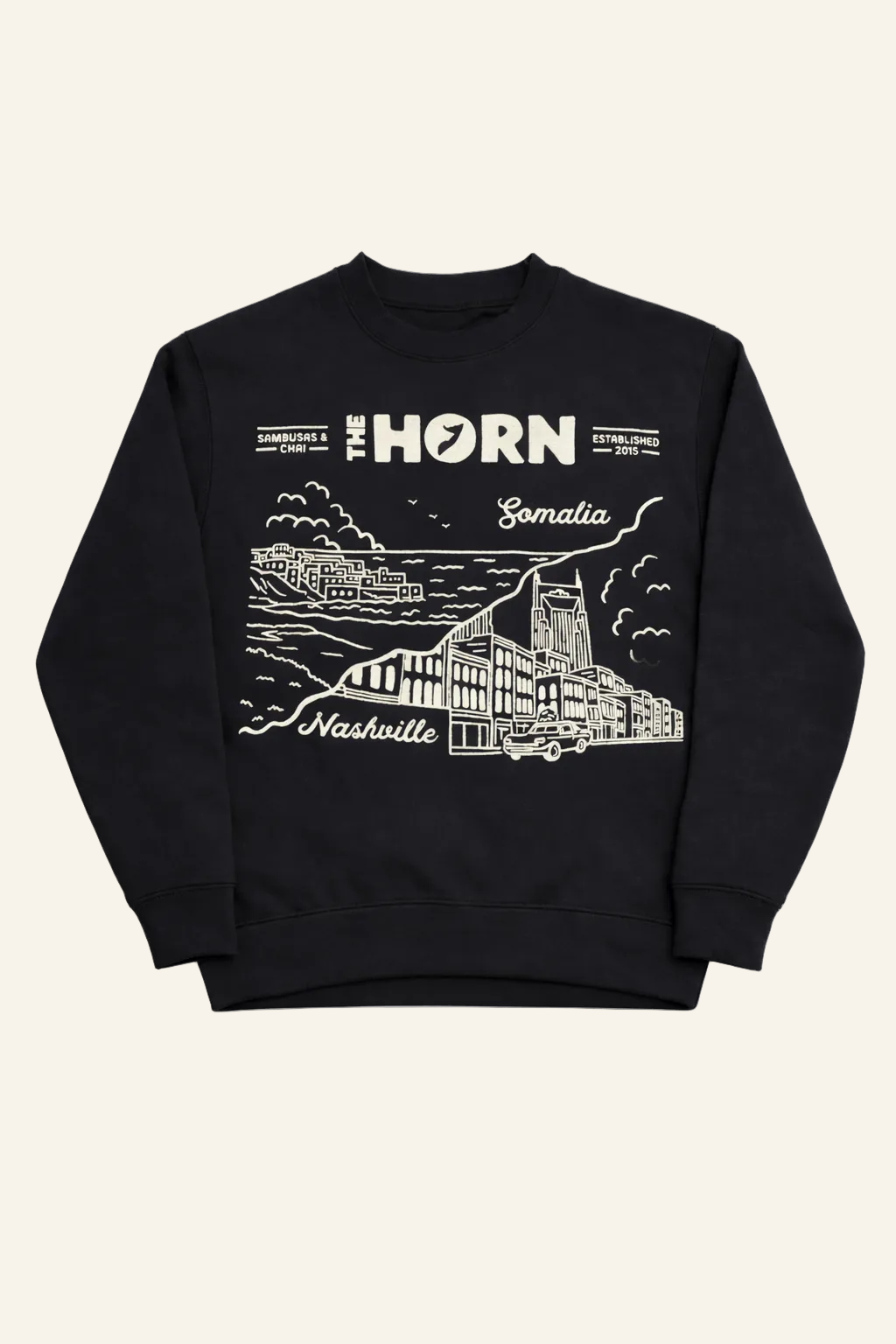 Black sweatshirt with white graphic design on a white background
