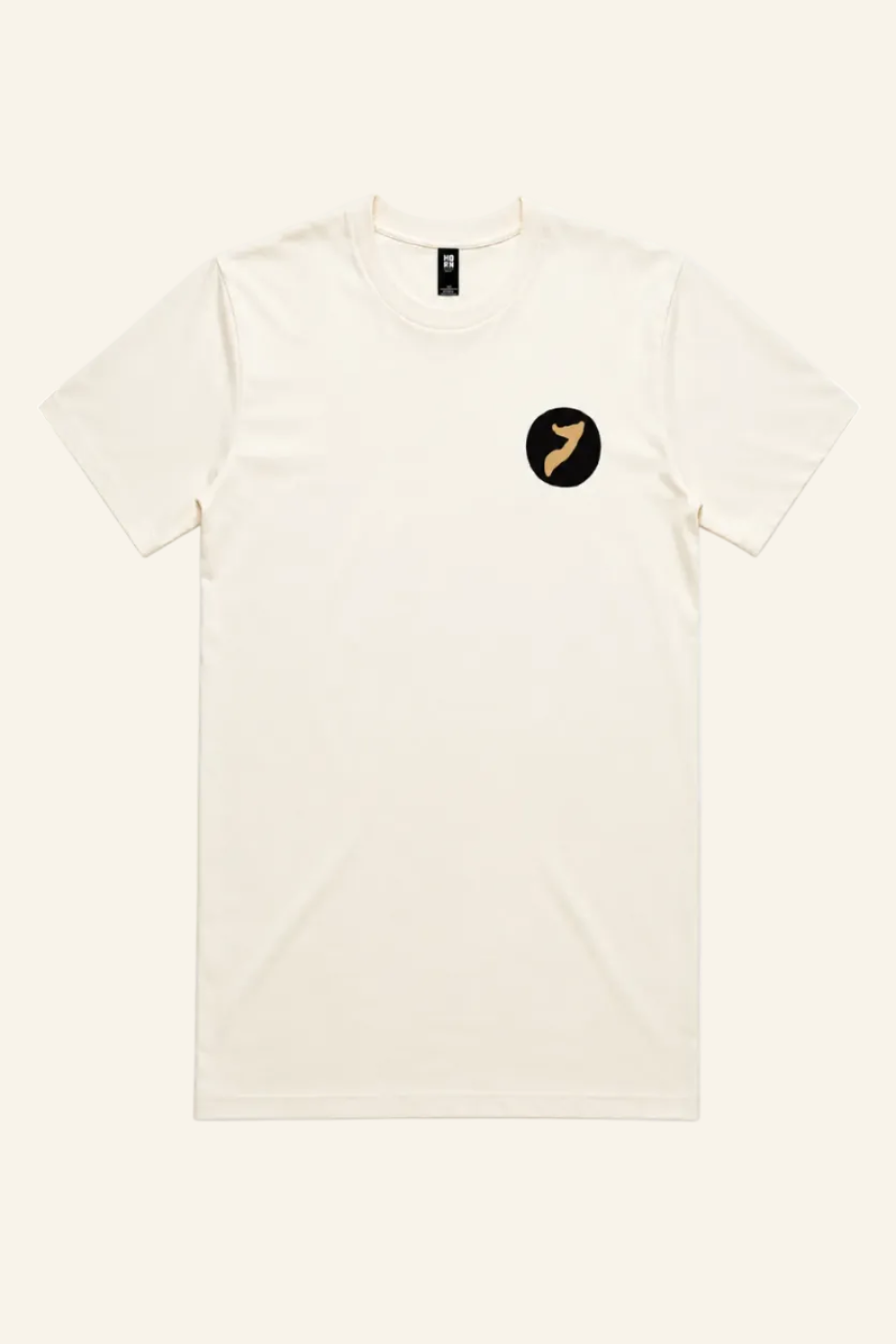 Beige t-shirt with a black logo on a white background